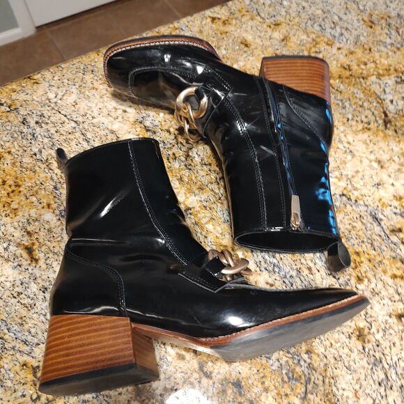 Steve Madden Loreen Black Patent Chunky Heel Gold Chain Mid Calf Boot Sz 8.5M - Picture 6 of 12